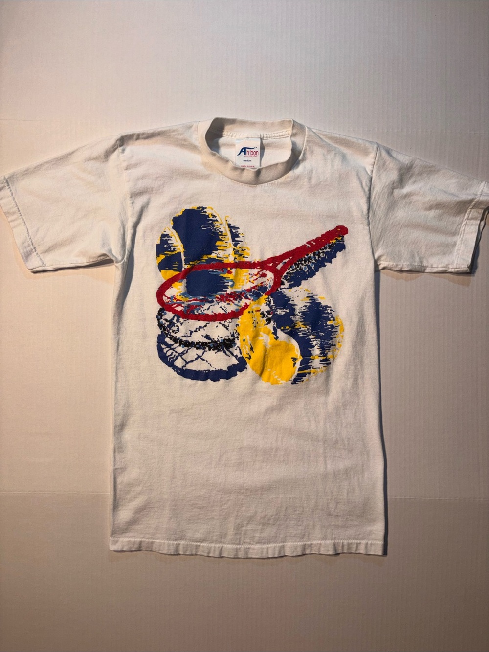 Vtg Ah-Bon Athletics Tennis Racket Abstract Pop Art 90’s USA T-shirt Sz Medium